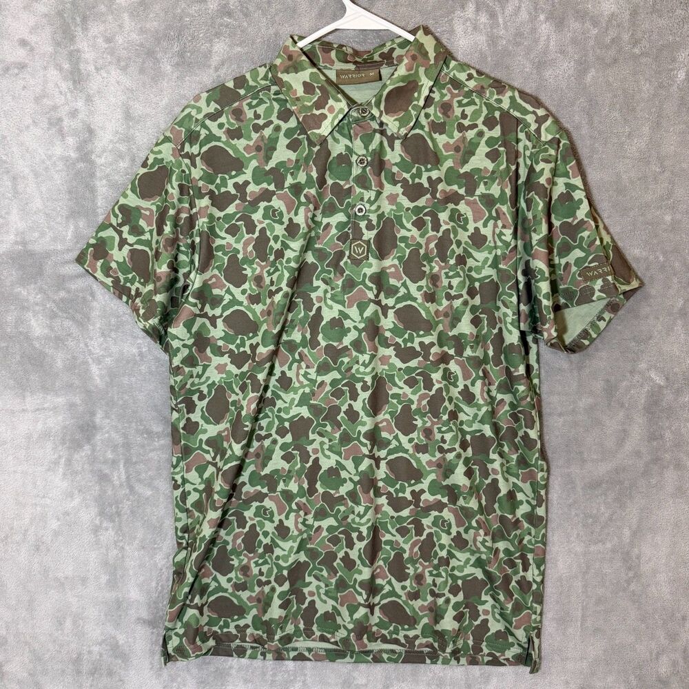 Warrior Men's M Green Camo Short Sleeve Golf Polo Shirt Duck Hunter Print